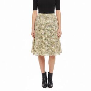 Banana Republic Womens Yellow Brown Silk Pleated Midi Skirt Abstract Print Sz 4